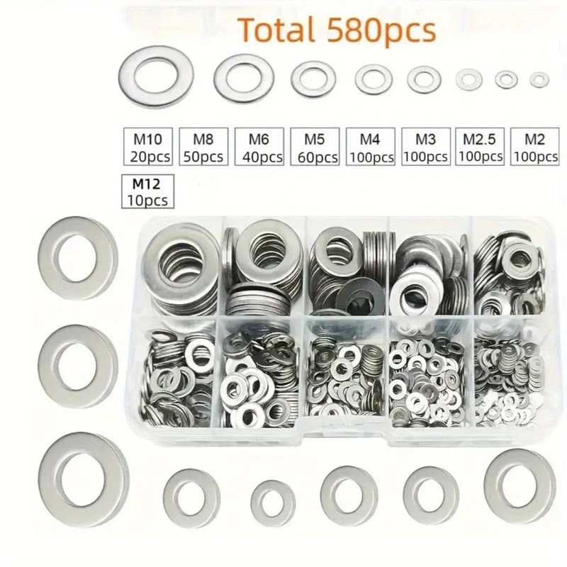 80–580 Stück 304 Edelstahl-Unterlegscheiben, für Schrauben, Bolzen, Kotflügel-Unterlegscheiben-Sortiment-Set, Sicherungs-Metall-Unterlegscheiben-Set (M2 M2.5 M3 M4 M5 M6 M8 M10)