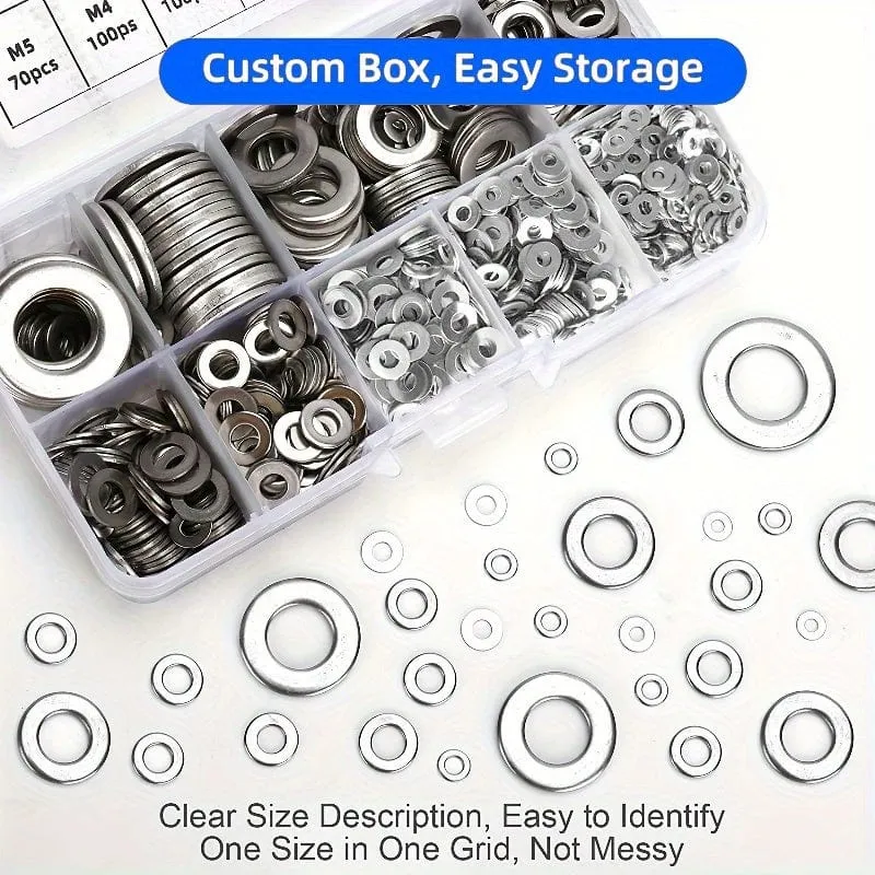 80–580 Stück 304 Edelstahl-Unterlegscheiben, für Schrauben, Bolzen, Kotflügel-Unterlegscheiben-Sortiment-Set, Sicherungs-Metall-Unterlegscheiben-Set (M2 M2.5 M3 M4 M5 M6 M8 M10)
