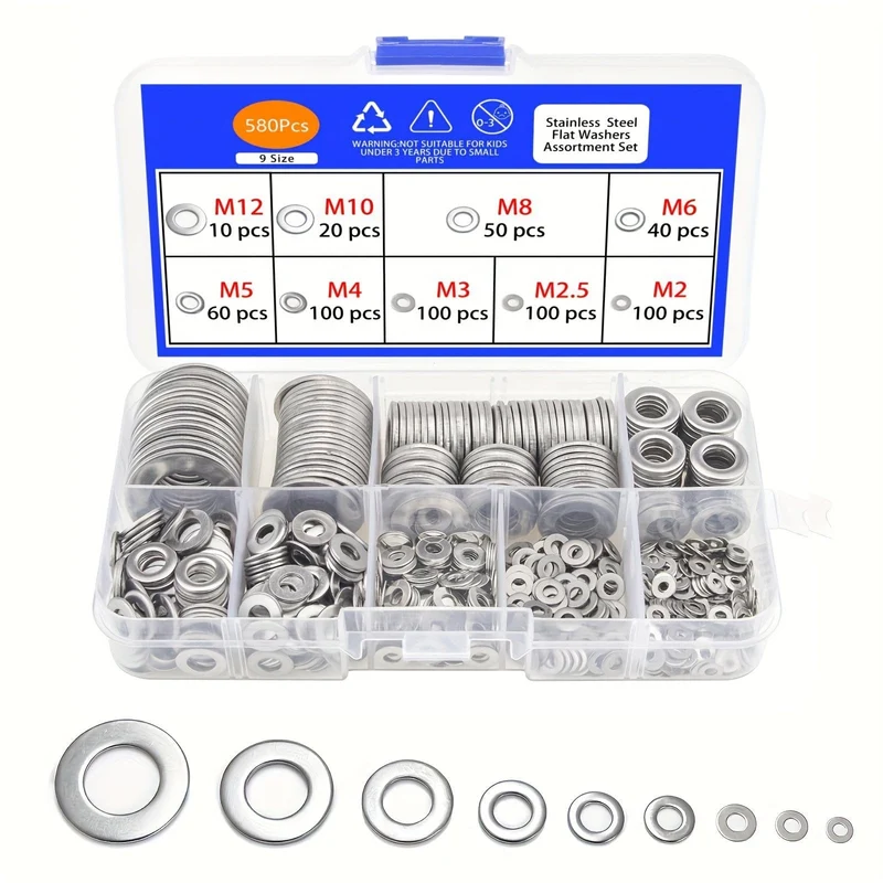 80–580 Stück 304 Edelstahl-Unterlegscheiben, für Schrauben, Bolzen, Kotflügel-Unterlegscheiben-Sortiment-Set, Sicherungs-Metall-Unterlegscheiben-Set (M2 M2.5 M3 M4 M5 M6 M8 M10)
