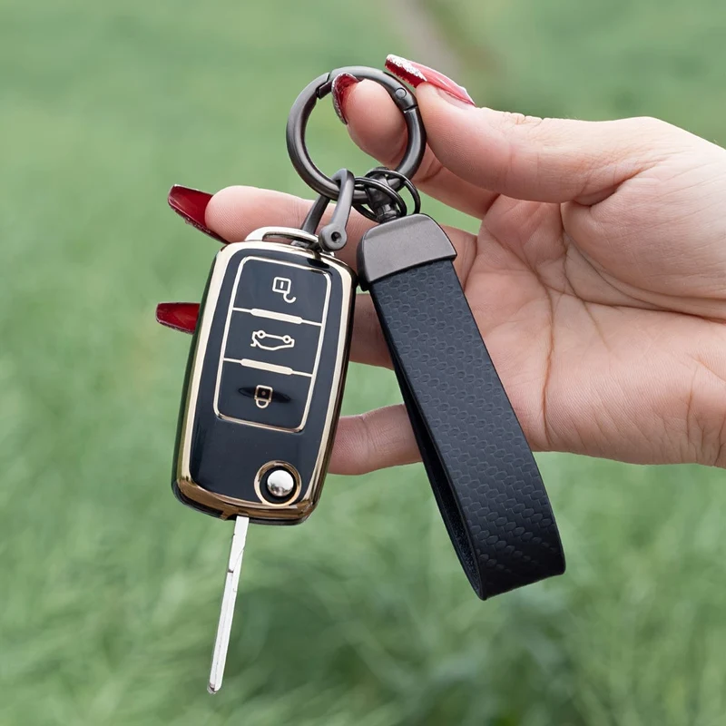 Für Volkswagen Spezial TPU Softshell Schlüsseletui + Lederseil Schlüsselanhänger inkl. Schraubendreher dreiteiliges Set passend für viele Schlüssel Autoschlüssel Auto