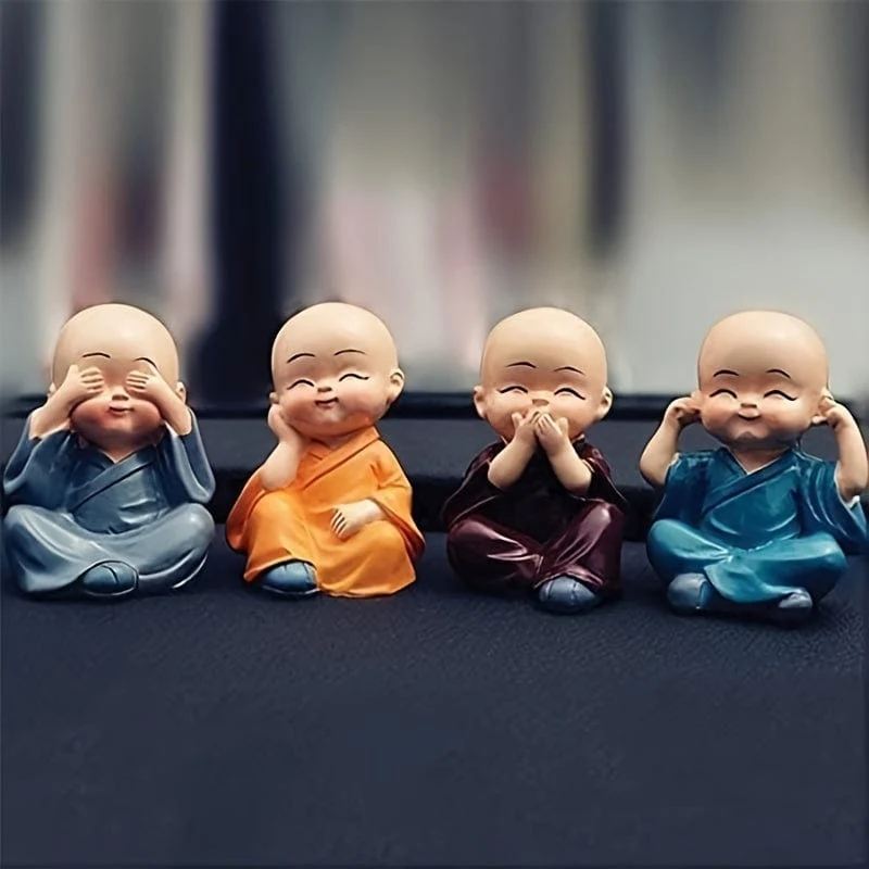 Ein Set aus 4 farbenfrohen Buddha-Statuen und Mönchsstatuen in Boxen, Autozubehör, kreative und praktische Geschenke, Schreibtische, Schlafzimmer, Bürolampendekorationen