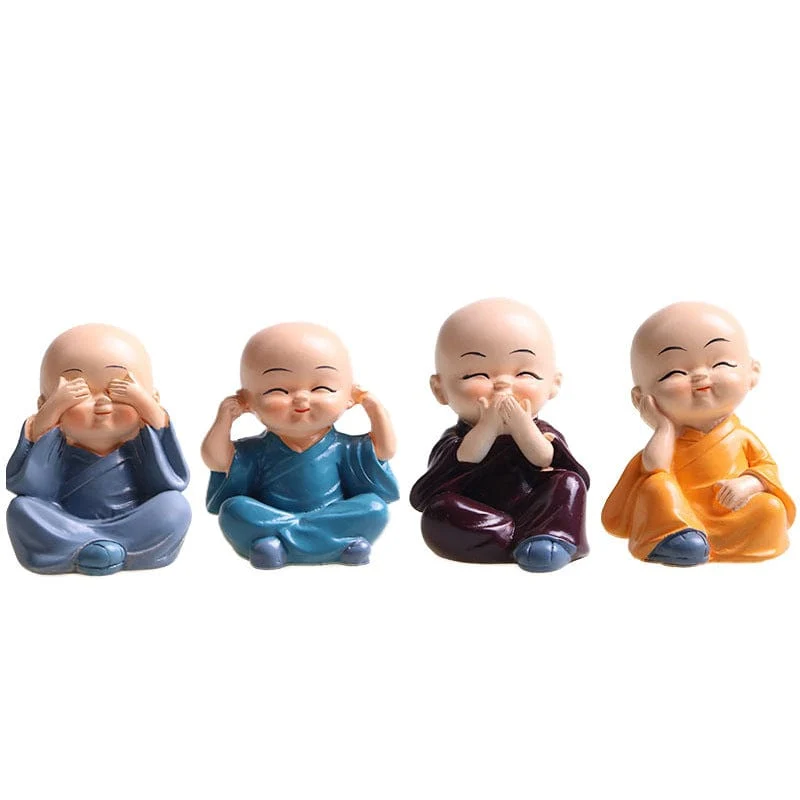 Ein Set aus 4 farbenfrohen Buddha-Statuen und Mönchsstatuen in Boxen, Autozubehör, kreative und praktische Geschenke, Schreibtische, Schlafzimmer, Bürolampendekorationen