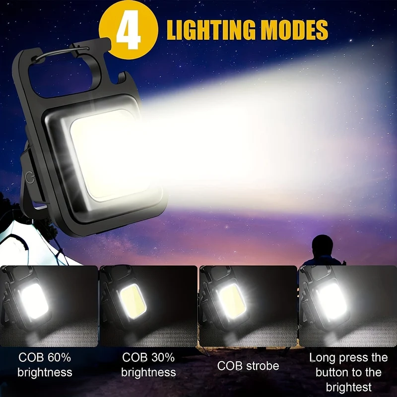 Wiederaufladbare COB-Schlüsselanhänger-Taschenlampe, 3 Lichtmodi, Arbeitslicht, tragbare Taschentaschenlampe, Schlüsselanhänger, kleiner Camping-Korkenzieher, Outdoor-Taschenlicht