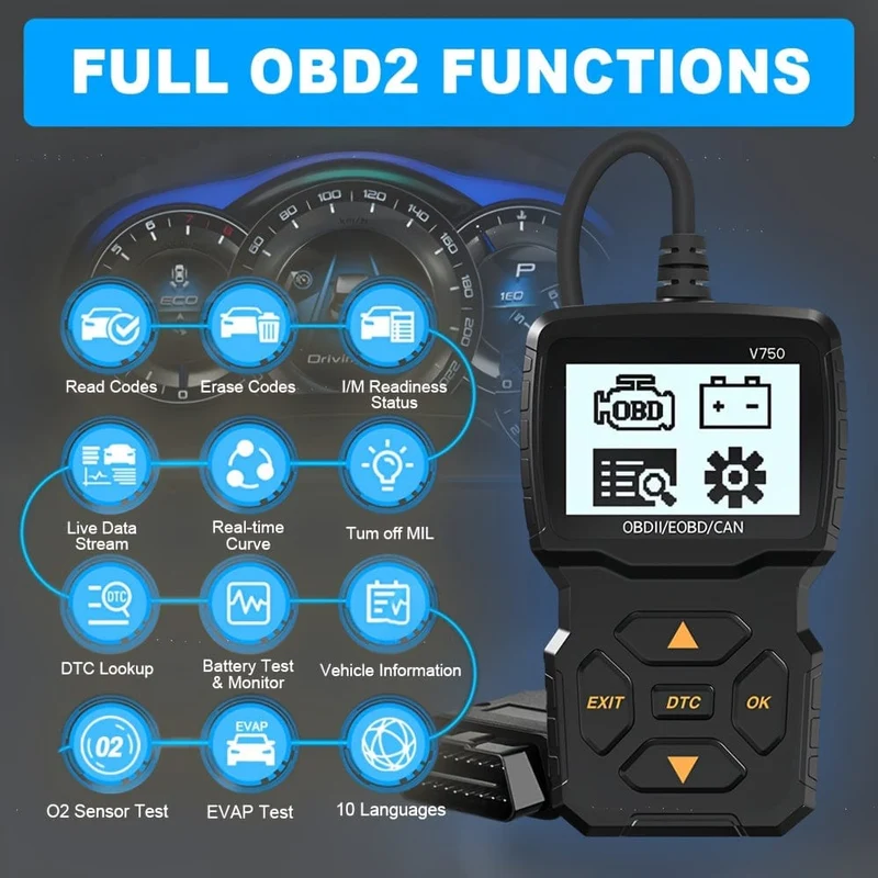 OBD2-Lesegerät, OBDII EOBD-Autocode-Scanner, Motorlicht-Fehlercode überprüfen, Live-Datenstrom, CAN-Diagnosetool für Autos mit OBD2-Protokoll seit 1996