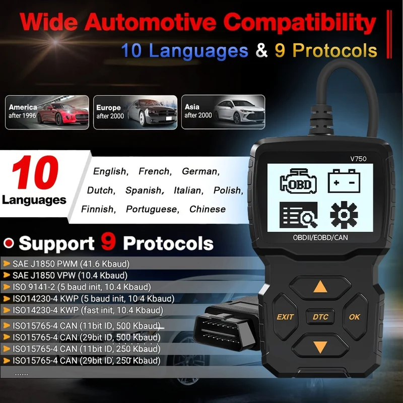 OBD2-Lesegerät, OBDII EOBD-Autocode-Scanner, Motorlicht-Fehlercode überprüfen, Live-Datenstrom, CAN-Diagnosetool für Autos mit OBD2-Protokoll seit 1996