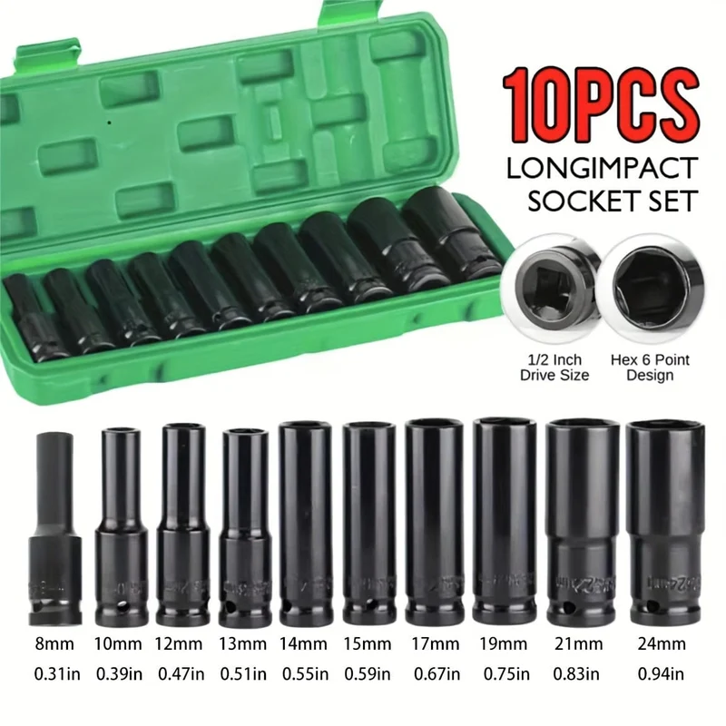 10-teiliges Set 1/2 Zoll 8–24 mm elektrischer langer Steckschlüssel Werkzeug-Steckschlüssel-Adapter Handwerkzeug Auto Zuhause Industrie-Reparatur-Werkzeug-Steckschlüssel-Set