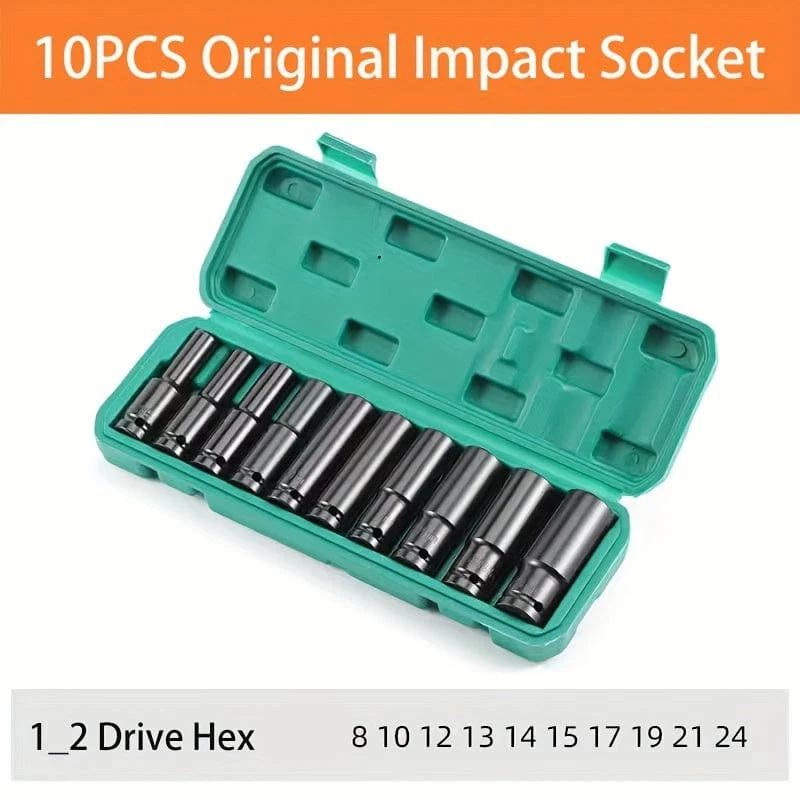 10-teiliges Set 1/2 Zoll 8–24 mm elektrischer langer Steckschlüssel Werkzeug-Steckschlüssel-Adapter Handwerkzeug Auto Zuhause Industrie-Reparatur-Werkzeug-Steckschlüssel-Set