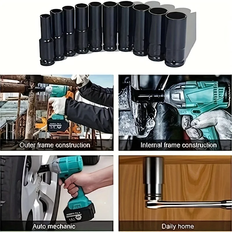 10-teiliges Set 1/2 Zoll 8–24 mm elektrischer langer Steckschlüssel Werkzeug-Steckschlüssel-Adapter Handwerkzeug Auto Zuhause Industrie-Reparatur-Werkzeug-Steckschlüssel-Set