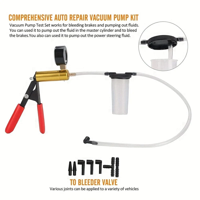 2-in-1-Bremsenentlüftungsset, Handvakuumpumpen-Testset, für Automobile mit geschütztem Gehäuse, Adaptern, Ein-Mann-Bremsen- und Kupplungsentlüftungssystem