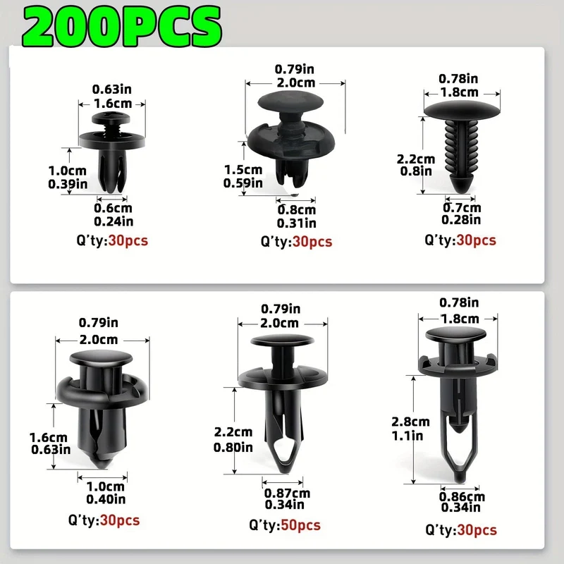 200 Stück Auto-Befestigungsclip, 6 mm, 7 mm, 8 mm, 9 mm, 10 mm, universell, sechs Arten gemischt, für Toyota, Ford, GM, Honda, Stoßniet, Autoteile-Entfernungswerkzeuge