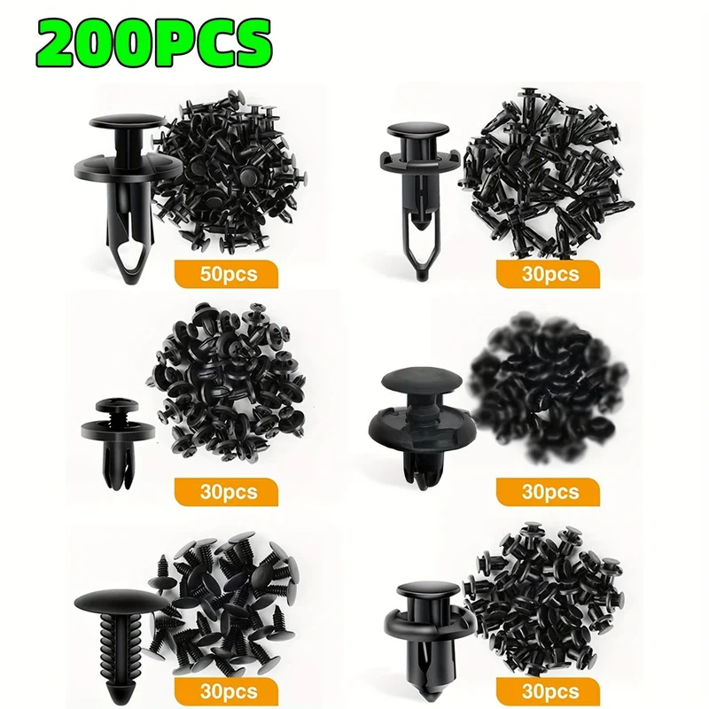 200 Stück Auto-Befestigungsclip, 6 mm, 7 mm, 8 mm, 9 mm, 10 mm, universell, sechs Arten gemischt, für Toyota, Ford, GM, Honda, Stoßniet, Autoteile-Entfernungswerkzeuge