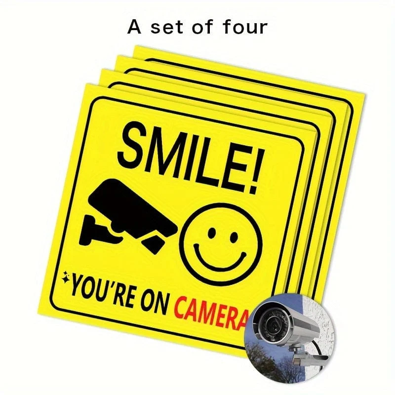 4 Stück/Set „Smile You're On Camera“-Schilder, Fensteraufkleber, höfliches Videoüberwachungs-Sicherheitsschild für Haus, Geschäft, Hof oder Einfahrt, Heimdekoration
