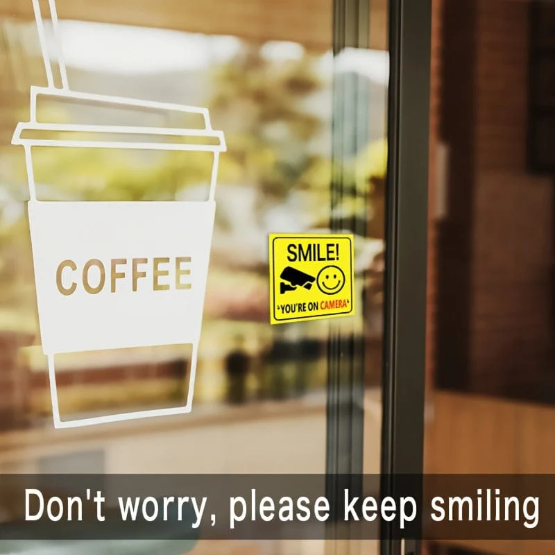 4 Stück/Set „Smile You're On Camera“-Schilder, Fensteraufkleber, höfliches Videoüberwachungs-Sicherheitsschild für Haus, Geschäft, Hof oder Einfahrt, Heimdekoration