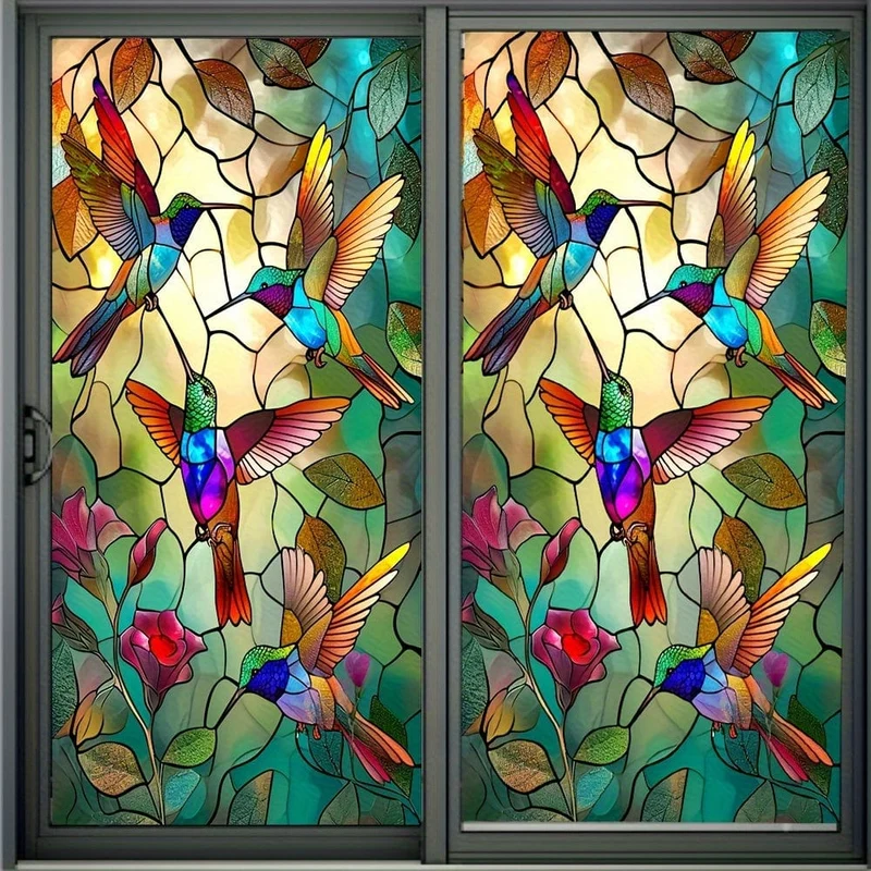 1 Stück farbige Glasfensterfolie, Kolibri, statisch, nicht klebend, dekorative Fensterfolie, Badezimmer-Sichtschutzfolie, Glasfenster-Aufkleber-Dekoration, undurchsichtige Fensterfolie, Badezimmer-Fensterdekoration, Heimdekoration