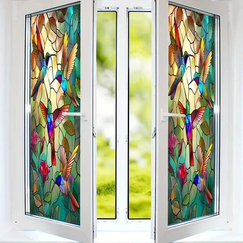 1 Stück farbige Glasfensterfolie, Kolibri, statisch, nicht klebend, dekorative Fensterfolie, Badezimmer-Sichtschutzfolie, Glasfenster-Aufkleber-Dekoration, undurchsichtige Fensterfolie, Badezimmer-Fensterdekoration, Heimdekoration