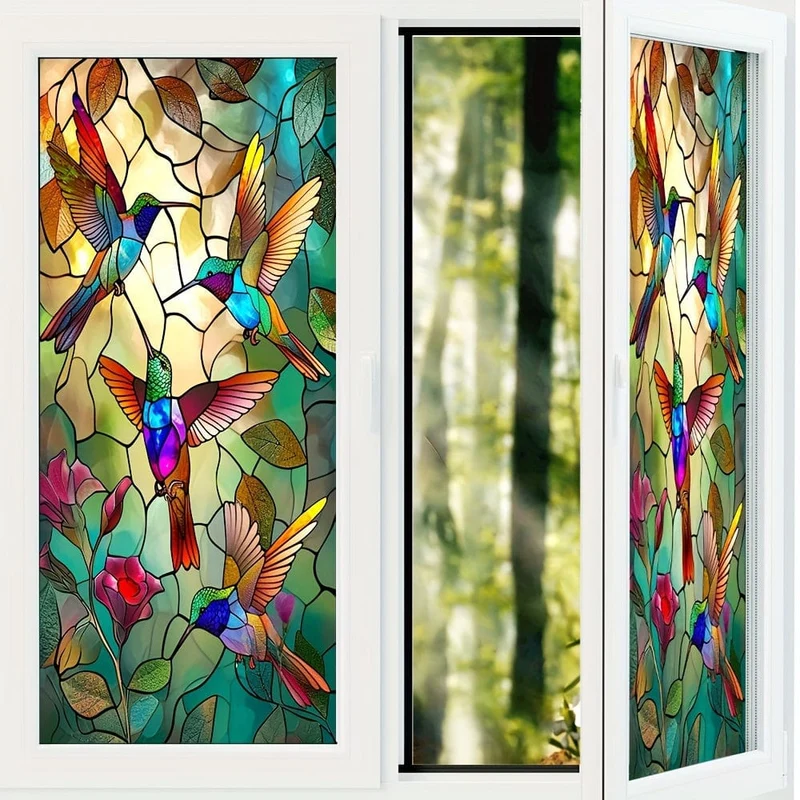 1 Stück farbige Glasfensterfolie, Kolibri, statisch, nicht klebend, dekorative Fensterfolie, Badezimmer-Sichtschutzfolie, Glasfenster-Aufkleber-Dekoration, undurchsichtige Fensterfolie, Badezimmer-Fensterdekoration, Heimdekoration