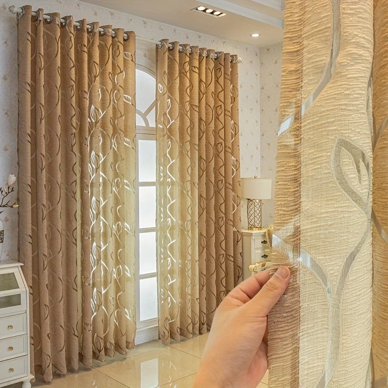 1 Stück Eleganter Jacquard-Fenstervorhang mit hohlen Blättern für Wohnzimmer, Schlafzimmer, Balkon und Küche – Kaffeefarbene Heimdekoration