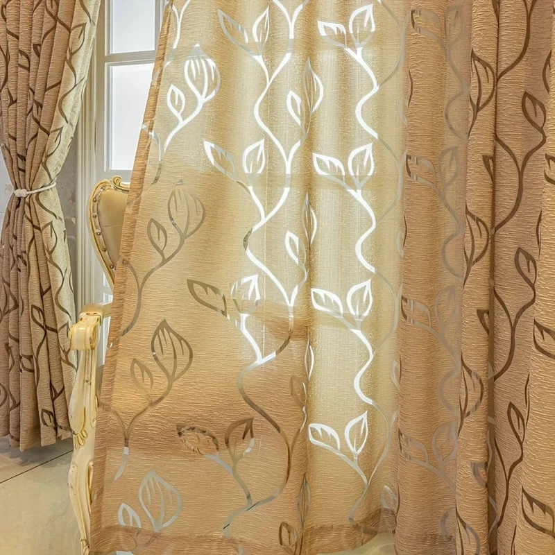 1 Stück Eleganter Jacquard-Fenstervorhang mit hohlen Blättern für Wohnzimmer, Schlafzimmer, Balkon und Küche – Kaffeefarbene Heimdekoration