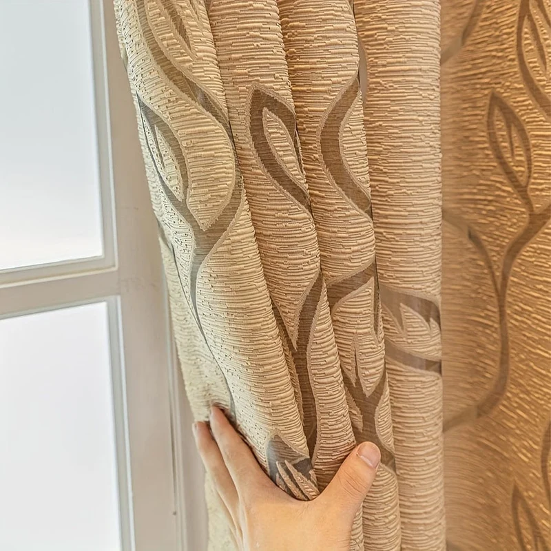 1 Stück Eleganter Jacquard-Fenstervorhang mit hohlen Blättern für Wohnzimmer, Schlafzimmer, Balkon und Küche – Kaffeefarbene Heimdekoration