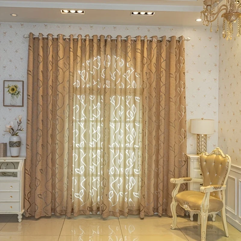 1 Stück Eleganter Jacquard-Fenstervorhang mit hohlen Blättern für Wohnzimmer, Schlafzimmer, Balkon und Küche – Kaffeefarbene Heimdekoration