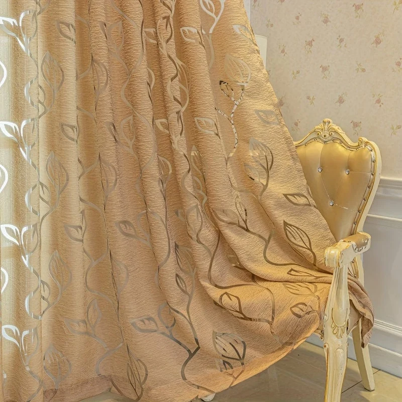 1 Stück Eleganter Jacquard-Fenstervorhang mit hohlen Blättern für Wohnzimmer, Schlafzimmer, Balkon und Küche – Kaffeefarbene Heimdekoration