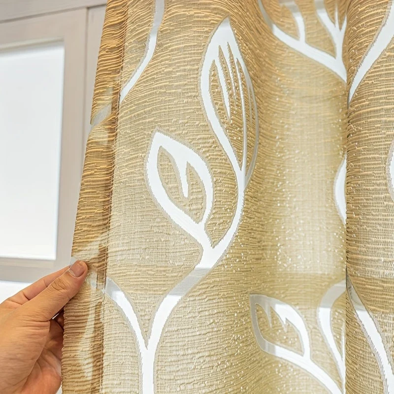 1 Stück Eleganter Jacquard-Fenstervorhang mit hohlen Blättern für Wohnzimmer, Schlafzimmer, Balkon und Küche – Kaffeefarbene Heimdekoration