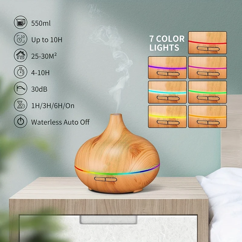 1 Stück Aromadiffusor für ätherische Öle, großes Zimmer, Büro, 550 ml, Holzfarbe, USB-Aufladung, Diffusoren für ätherische Öle, kühler Nebel, Luftbefeuchter, superleise, Umgebungslicht in 7 Farben, LED-Licht, wasserlos, automatische Abschaltung, Aromatherapie-Diffusor für Zuhause, Schlafzimmer, Geschenk