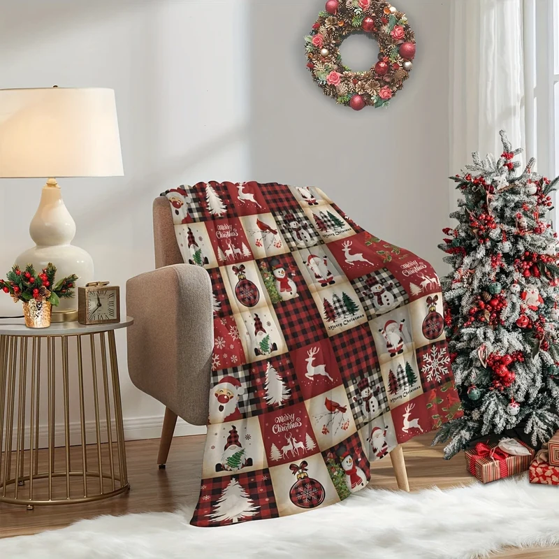 1 Stück Weihnachts-Cartoon-Element-Druckdecke, Flanelldecke, weiche warme Überwurfdecke, Nickerchendecke für Couch, Sofa, Büro, Bett, Camping, Reisen, Mehrzweck-Geschenkdecke für alle Jahreszeiten