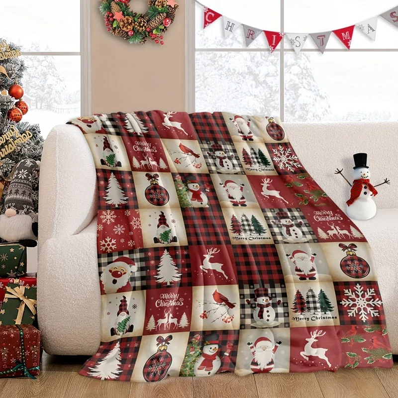 1 Stück Weihnachts-Cartoon-Element-Druckdecke, Flanelldecke, weiche warme Überwurfdecke, Nickerchendecke für Couch, Sofa, Büro, Bett, Camping, Reisen, Mehrzweck-Geschenkdecke für alle Jahreszeiten