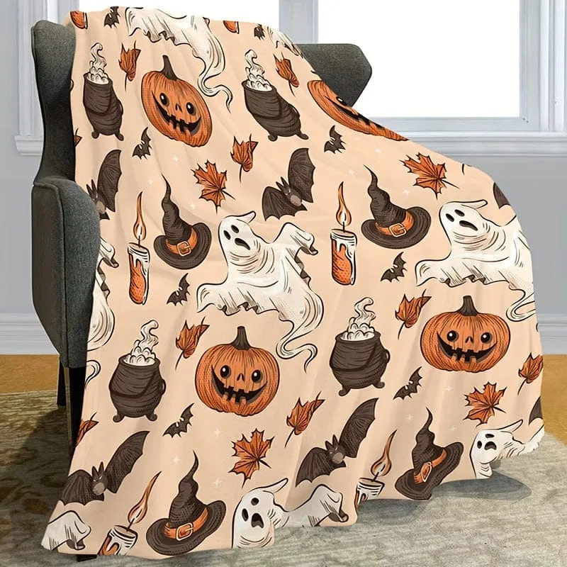 1 Stück Flanelldecke mit Halloween-Thema, Kürbis-Geisterhut-Fledermaus-Aufdruck, weiche, gemütliche Überwurfdecke, Nickerchendecke für Reisen, Sofa, Bett, Büro, Heimdekoration, Halloween-Feriengeschenkdecke für Jungen, Mädchen, Erwachsene, die ganze Saison über erhältlich