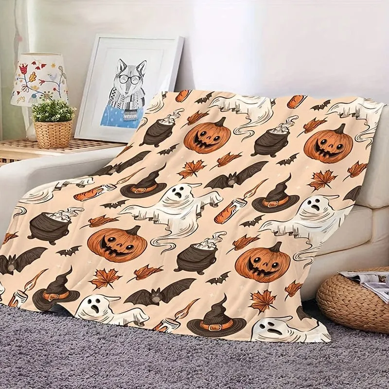 1 Stück Flanelldecke mit Halloween-Thema, Kürbis-Geisterhut-Fledermaus-Aufdruck, weiche, gemütliche Überwurfdecke, Nickerchendecke für Reisen, Sofa, Bett, Büro, Heimdekoration, Halloween-Feriengeschenkdecke für Jungen, Mädchen, Erwachsene, die ganze Saison über erhältlich