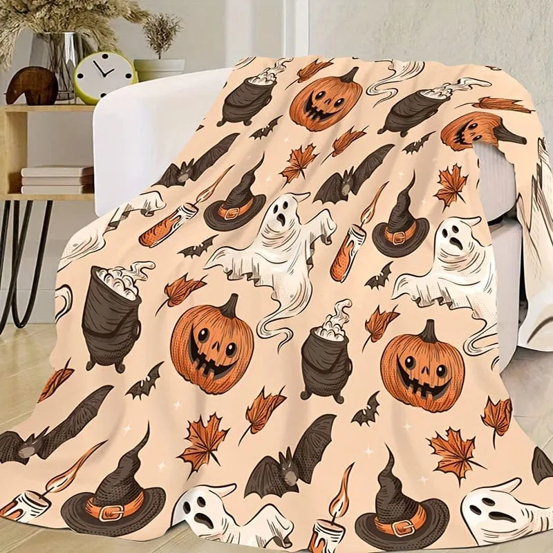 1 Stück Flanelldecke mit Halloween-Thema, Kürbis-Geisterhut-Fledermaus-Aufdruck, weiche, gemütliche Überwurfdecke, Nickerchendecke für Reisen, Sofa, Bett, Büro, Heimdekoration, Halloween-Feriengeschenkdecke für Jungen, Mädchen, Erwachsene, die ganze Saison über erhältlich