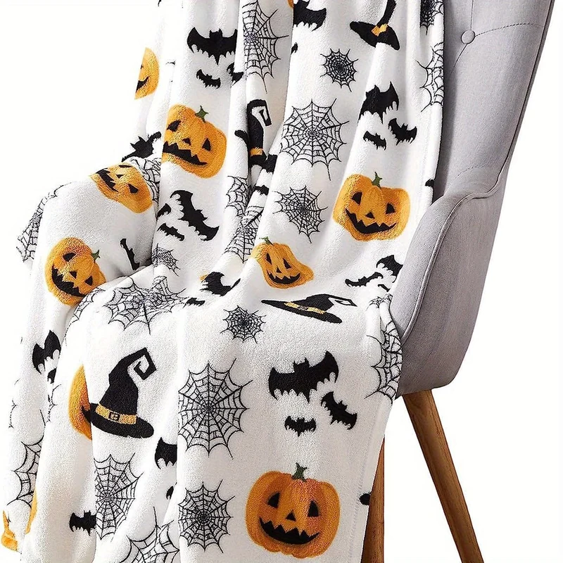 1 Stück Flanelldecke mit Halloween-Thema, Spinnennetz, Hexenhut, schwarzer Fledermaus-Kürbis-Aufdruck, weiche, gemütliche Überwurfdecke für Bett, Couch, Büro, Camping und Reisen, warme, leichte Plüschdecke für alle Jahreszeiten, Halloween-Weihnachtsgeschenke
