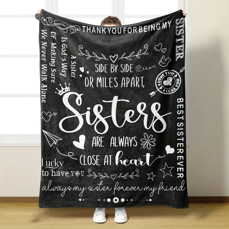 1 Stück Slogan-Print-Decke, schwarze Flanelldecke, Geschenk für Schwester, weiche, gemütliche Überwurfdecke für Sofa, Bett, Couch, Camping, Büro, Reisen