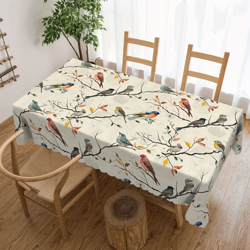 1 Stück, Tischdecke, bedruckte Tischdecke mit Vögeln auf den Zweigen, dekorative Tischdecke mit Frühlingsmotiv, schmutzabweisend und löschbar, wasserdicht, dekorative Tischdecke geeignet für Restaurant, Party, Urlaub, Geschenk, drinnen, draußen