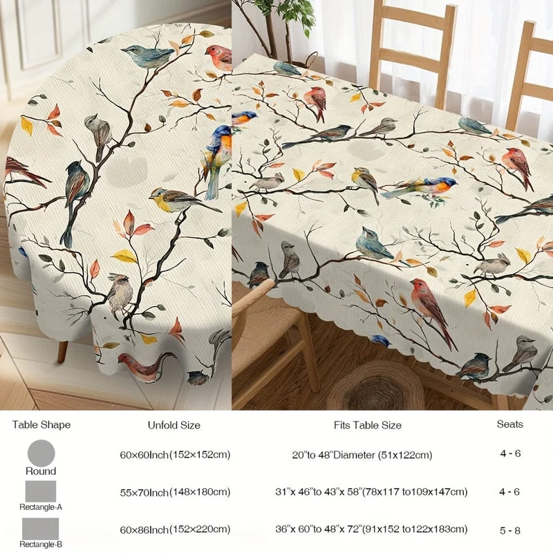 1 Stück, Tischdecke, bedruckte Tischdecke mit Vögeln auf den Zweigen, dekorative Tischdecke mit Frühlingsmotiv, schmutzabweisend und löschbar, wasserdicht, dekorative Tischdecke geeignet für Restaurant, Party, Urlaub, Geschenk, drinnen, draußen