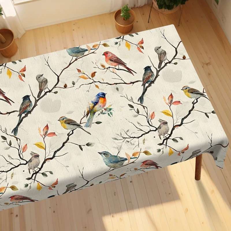 1 Stück, Tischdecke, bedruckte Tischdecke mit Vögeln auf den Zweigen, dekorative Tischdecke mit Frühlingsmotiv, schmutzabweisend und löschbar, wasserdicht, dekorative Tischdecke geeignet für Restaurant, Party, Urlaub, Geschenk, drinnen, draußen