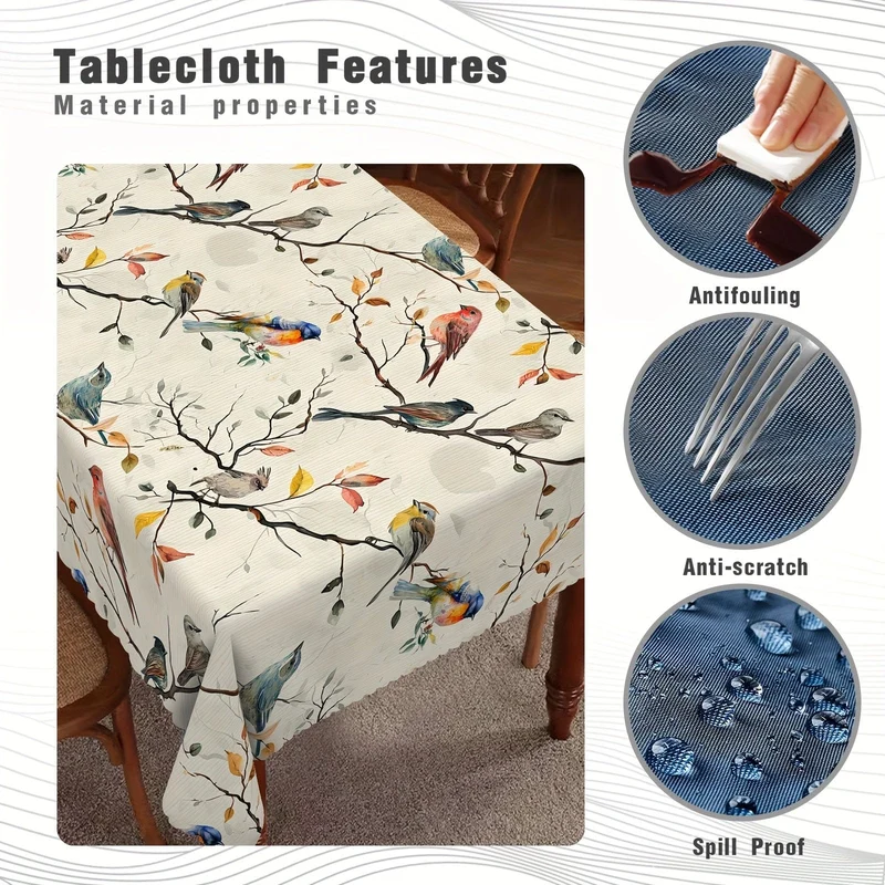 1 Stück, Tischdecke, bedruckte Tischdecke mit Vögeln auf den Zweigen, dekorative Tischdecke mit Frühlingsmotiv, schmutzabweisend und löschbar, wasserdicht, dekorative Tischdecke geeignet für Restaurant, Party, Urlaub, Geschenk, drinnen, draußen