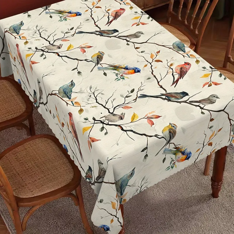 1 Stück, Tischdecke, bedruckte Tischdecke mit Vögeln auf den Zweigen, dekorative Tischdecke mit Frühlingsmotiv, schmutzabweisend und löschbar, wasserdicht, dekorative Tischdecke geeignet für Restaurant, Party, Urlaub, Geschenk, drinnen, draußen