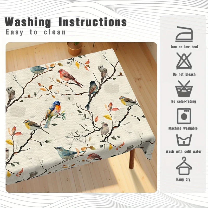 1 Stück, Tischdecke, bedruckte Tischdecke mit Vögeln auf den Zweigen, dekorative Tischdecke mit Frühlingsmotiv, schmutzabweisend und löschbar, wasserdicht, dekorative Tischdecke geeignet für Restaurant, Party, Urlaub, Geschenk, drinnen, draußen