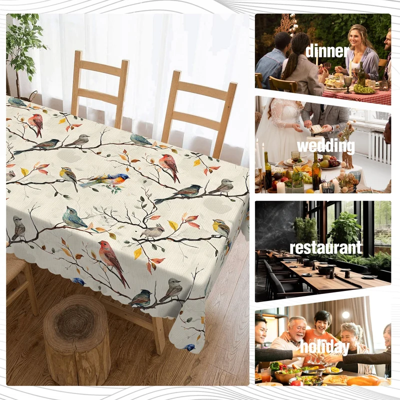 1 Stück, Tischdecke, bedruckte Tischdecke mit Vögeln auf den Zweigen, dekorative Tischdecke mit Frühlingsmotiv, schmutzabweisend und löschbar, wasserdicht, dekorative Tischdecke geeignet für Restaurant, Party, Urlaub, Geschenk, drinnen, draußen