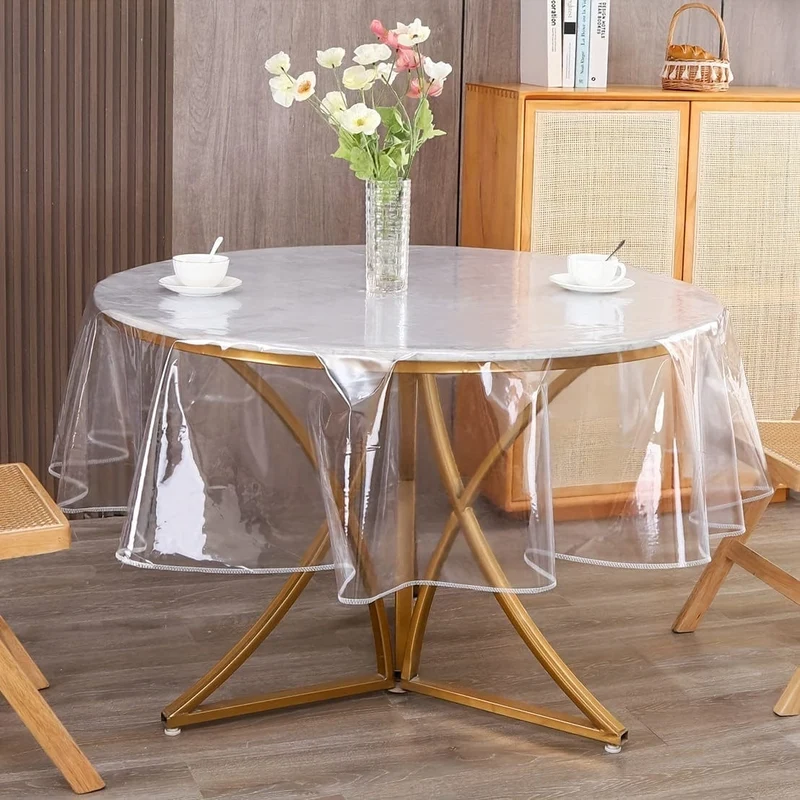 1 Tischdecke, runder transparenter Tischschutz mit Feststellkante, wasserdichte, ölbeständige Vinyl-Tischdecke, schmutzabweisende, abwischbare Tischdecke, genähte Kante, wasserdichte, ölbeständige, schmutzabweisende Plastiktischdecke, Raumdekoration