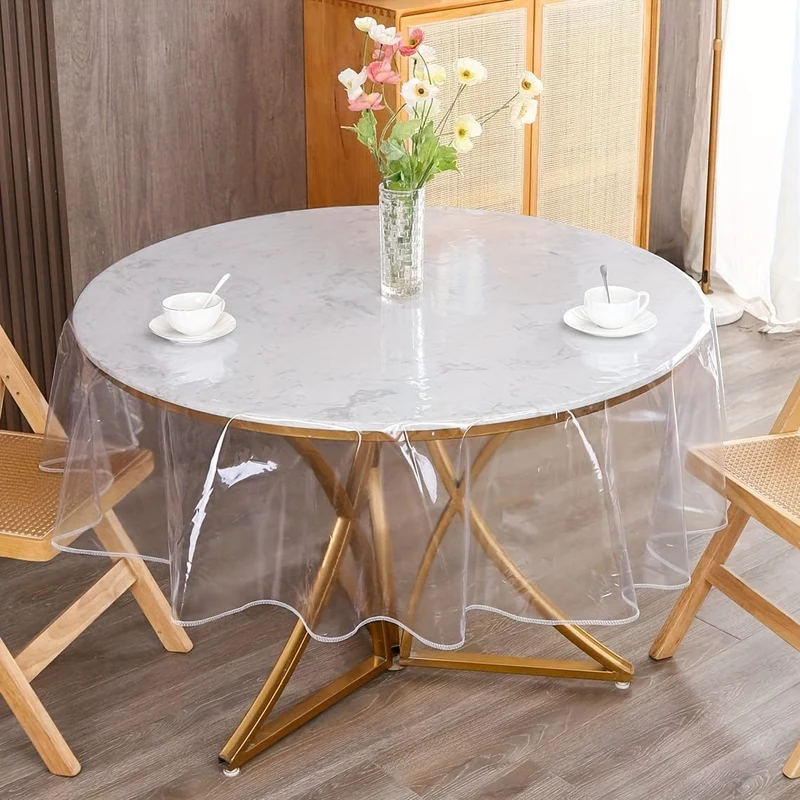 1 Tischdecke, runder transparenter Tischschutz mit Feststellkante, wasserdichte, ölbeständige Vinyl-Tischdecke, schmutzabweisende, abwischbare Tischdecke, genähte Kante, wasserdichte, ölbeständige, schmutzabweisende Plastiktischdecke, Raumdekoration