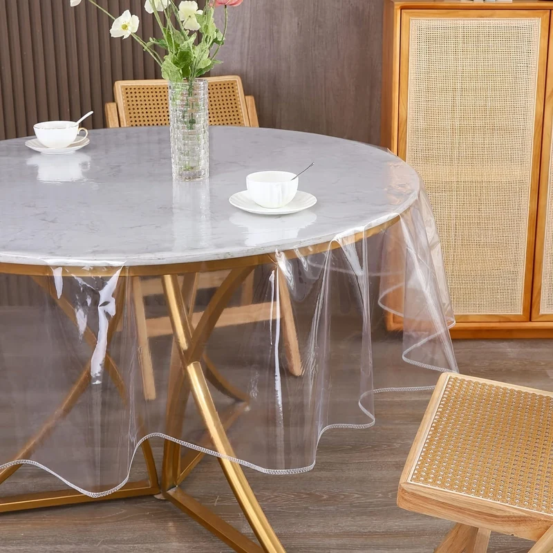 1 Tischdecke, runder transparenter Tischschutz mit Feststellkante, wasserdichte, ölbeständige Vinyl-Tischdecke, schmutzabweisende, abwischbare Tischdecke, genähte Kante, wasserdichte, ölbeständige, schmutzabweisende Plastiktischdecke, Raumdekoration