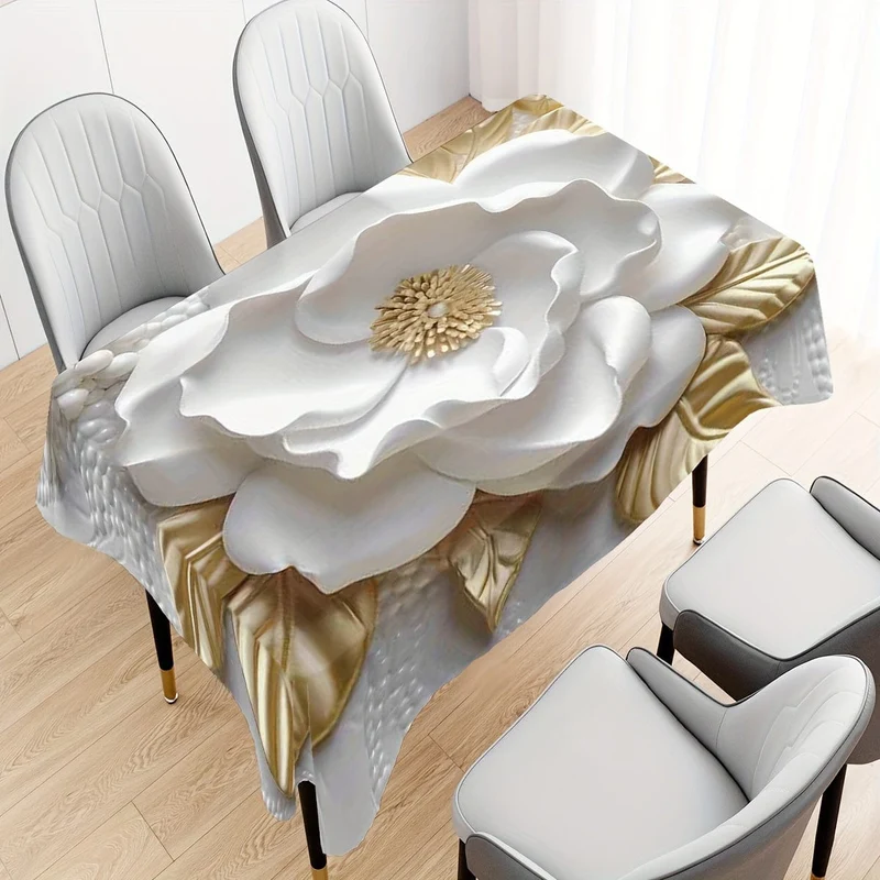 1 Stück, Tischdecke mit 3D-Blumendruck (Polyester), elegantes Rosenmuster, rechteckige Esstischdekoration, Heimdekoration, festliche Tischwäsche, waschbar und wiederverwendbar