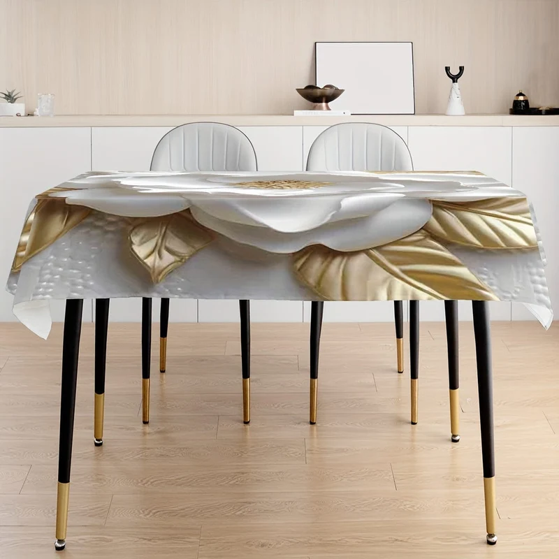 1 Stück, Tischdecke mit 3D-Blumendruck (Polyester), elegantes Rosenmuster, rechteckige Esstischdekoration, Heimdekoration, festliche Tischwäsche, waschbar und wiederverwendbar