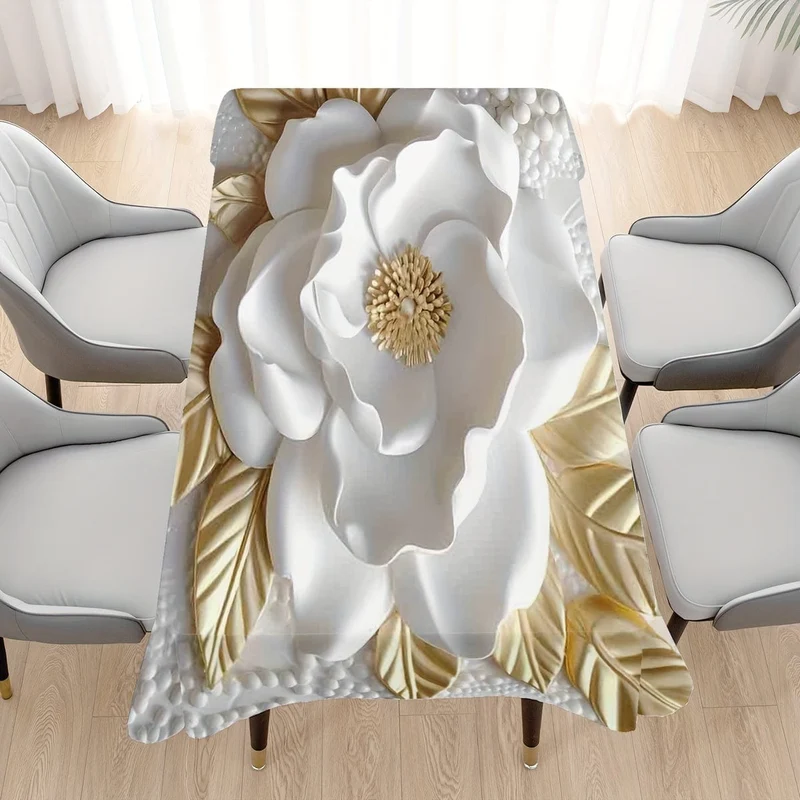 1 Stück, Tischdecke mit 3D-Blumendruck (Polyester), elegantes Rosenmuster, rechteckige Esstischdekoration, Heimdekoration, festliche Tischwäsche, waschbar und wiederverwendbar