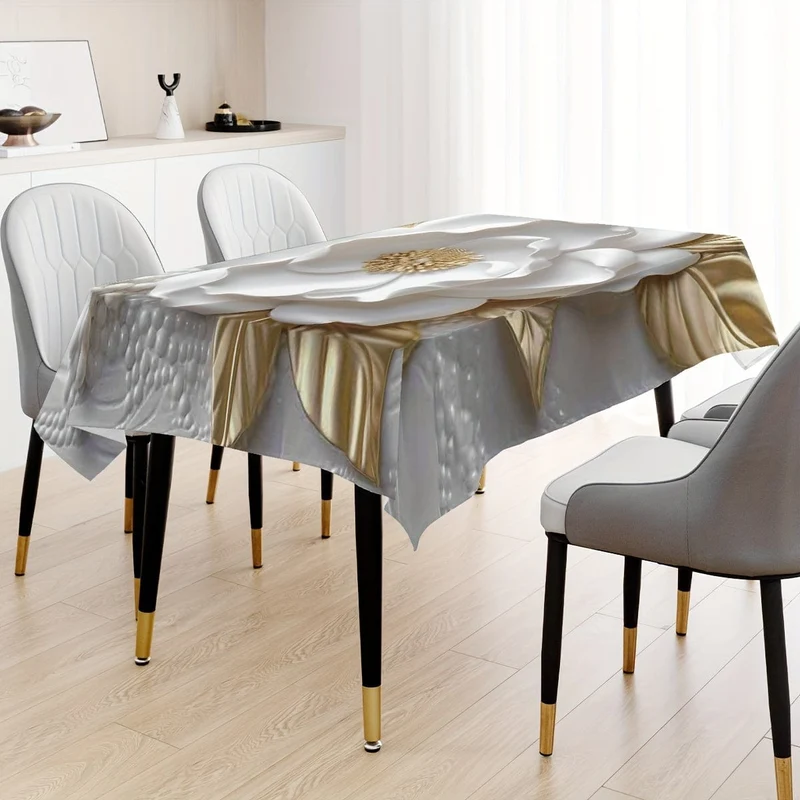 1 Stück, Tischdecke mit 3D-Blumendruck (Polyester), elegantes Rosenmuster, rechteckige Esstischdekoration, Heimdekoration, festliche Tischwäsche, waschbar und wiederverwendbar