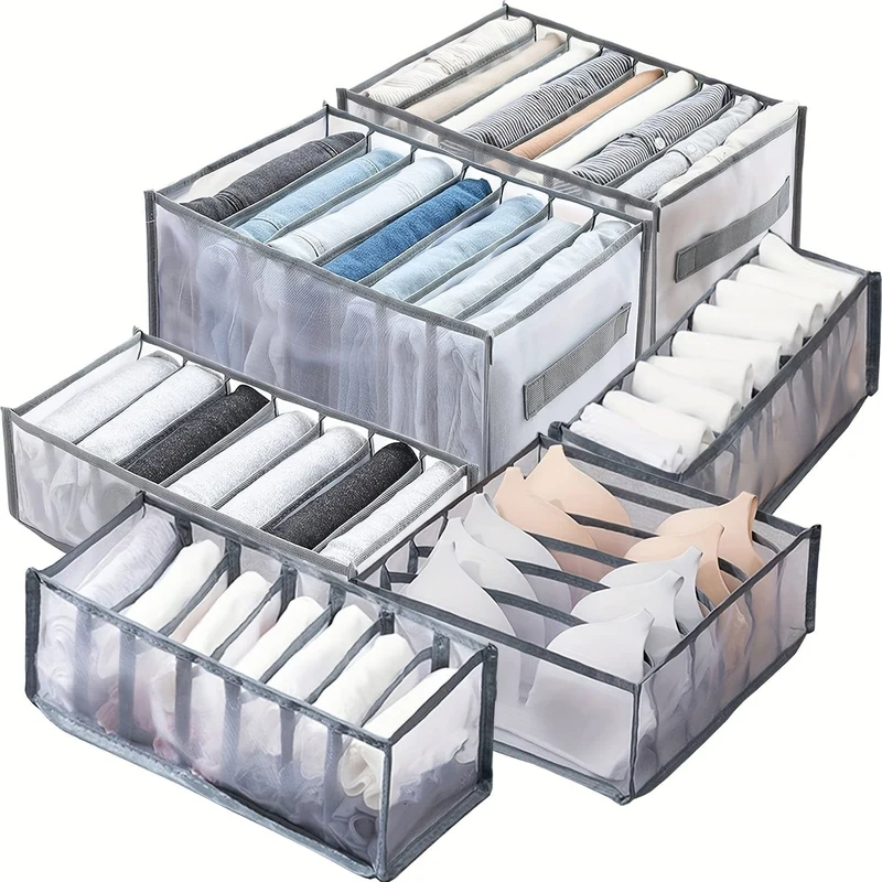 6-teiliger Kleiderschrank-Kleiderorganisator für Jeans, verbesserte Schubladenorganisatoren für Kleidung mit Griff, faltbare Schubladenorganisatoren für die Familie (Hemd + Jeans + T-Shirt + BH + Unterwäsche + Socken, grau)