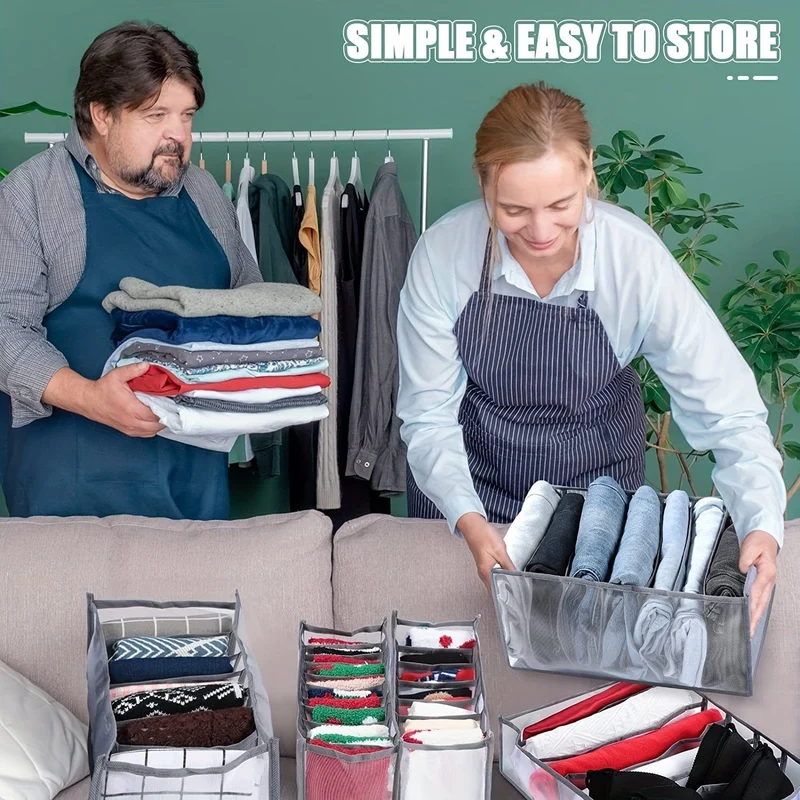 6-teiliger Kleiderschrank-Kleiderorganisator für Jeans, verbesserte Schubladenorganisatoren für Kleidung mit Griff, faltbare Schubladenorganisatoren für die Familie (Hemd + Jeans + T-Shirt + BH + Unterwäsche + Socken, grau)